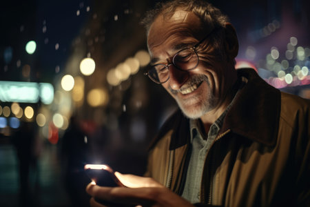 a young caucasian man trendy clothes using mobile phone with background of urban city street at night Generative AI AIG18.の素材