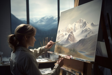 The woman painting the realistic landscapes in an art studio with mountain view. Generative AI AIG21.の素材