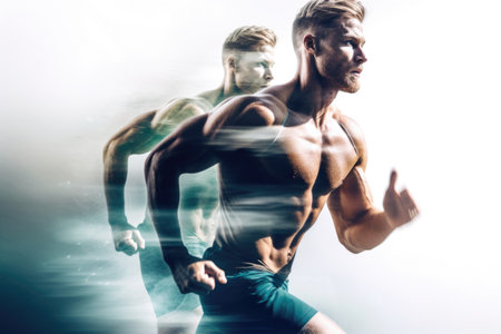 Heroic double exposure photo of a well trained male Swedish runner speedy running. Generative AI AIG19.の素材
