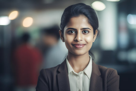 Young smart indian businesswoman, smiling face, standing in blur background of busy office. Generative AI AIG20.の素材