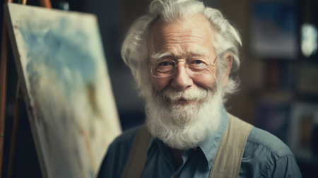 The smiling elderly man in the studio holding an easel in front of colorful canvas. Generative AI AIG21.の素材