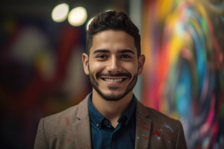 Young smart hispanic businessman, smiling face, standing in blur background of creative colorful office interior design. Generative AI AIG20.の素材