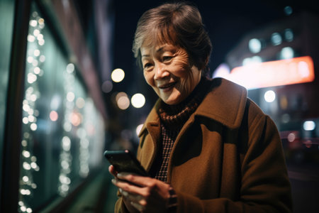 Wide angle shot of a senior chinese japanese woman trendy clothes using mobile phone with background of urban city street at night. Generative AI AIG18.の素材