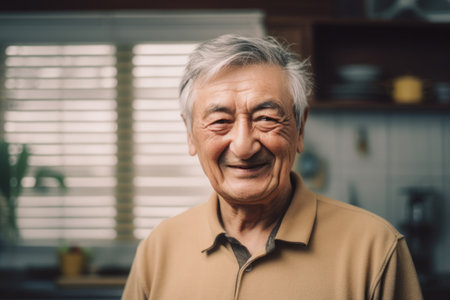 Happy senior man at home smiling looking at camera. Generative AI AIG20.の素材