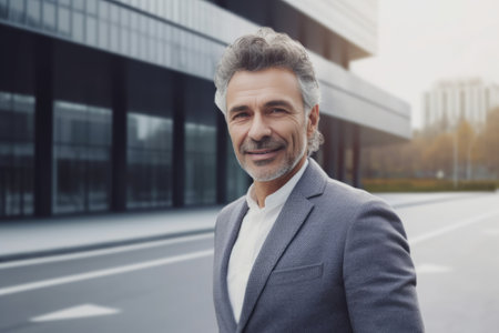 40s mature male executive, smiling face, standing in blur background of modern office building. Generative AI AIG20.の素材