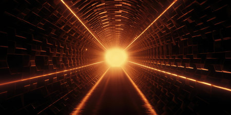 Portal of beautiful neon lights with glowing orange lines in a tunnel background. Generative AI AIG21.の素材