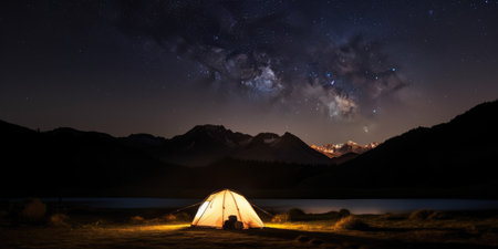 Camping at night, starry night sky, mountain view. Generative AI AIG20.の素材