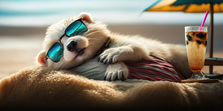 Ferret is on summer vacation at seaside resort and relaxing on summer beachの素材