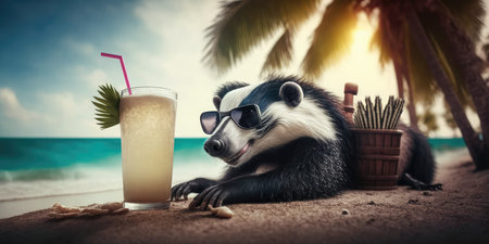 badger is on summer vacation at seaside resort and relaxing on summer beachの素材