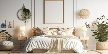 Home bedroom interior decorated with natural material. distinct generative AI image.の素材