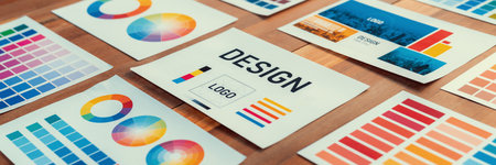 Panorama shot of various color palette idea papers arranged neatly on workspace table for graphic design concept. Color swatches and selection for unique digital art design. Scrutinizeの写真素材