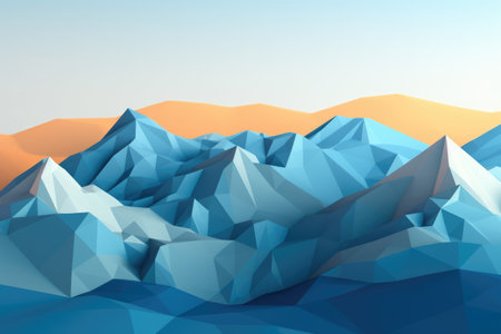 Beautiful wallpaper shades of blue and orange in the geometric blue mountains. Generative AI AIG27.の素材
