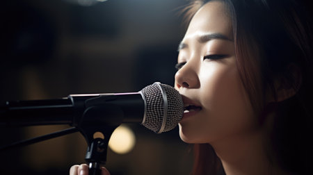 Pop Rock Singer Female Asian Young Adult Rehearsing and performing on stage, singing pop and rock songs in Rehearsal studio. Generative AI AIG22.の素材