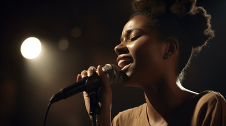 Singer Female African-American Young Adult Performing on stage, singing into a microphone in Concert venue. Generative AI AIG22.の素材