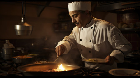 Chef Male Hispanic Middle-aged Cooking at stovetop in Restaurant kitchen. Generative AI AIG22.の素材