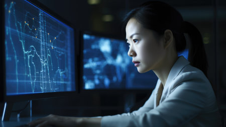 Businessperson Female Asian Mature Analyzing financial data on computer in Office. Generative AI AIG22.の素材