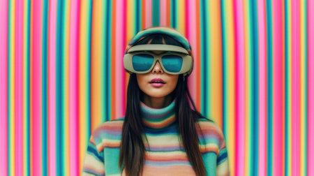 Young female model wearing VR posing with trendy fashion outfit and colorful pastel optical art abstract background. Picturesque generative AIの素材