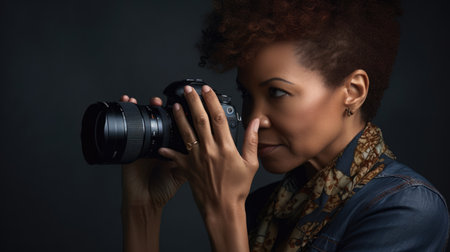 Photographer Female African-American Middle Age Taking pictures at a fashion shoot in Studio. Generative AI AIG22.の素材