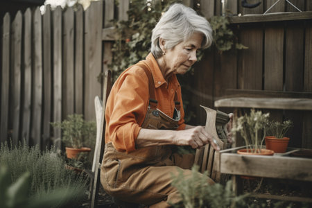 Female Caucasian senior gardening in backyard plants. Generative AI AIG23.の素材