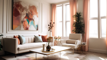The clean and minimal interior design of living room in bright tone with the colorful and vintage painting. Generative AI AIG27.の素材