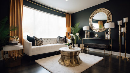 Living room decor, home interior design . Art Deco Contemporary style with Large Window decorated with Velvet and Marble material . Generative AI AIG26.の素材
