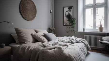 Interior design of Bedroom in Scandinavian style with Headboard wall decorated with Linen, Wood, Woven, Faux Fur material. Minimalist architecture. Generative AI AIG24.の素材