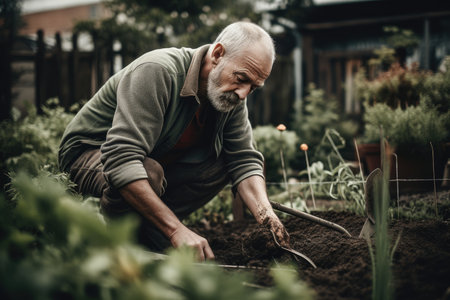 Male Caucasian middle aged gardening in backyard plants practical. Generative AI AIG23.の素材
