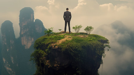 A businessman standing on the top of the world with nature scene. Generative AI AIG27.の素材