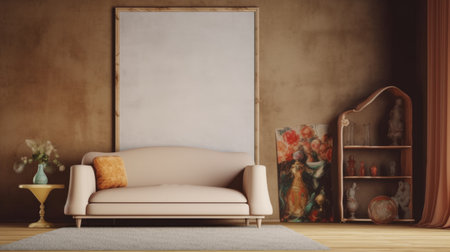 The vintage and antique interior design of beige tone color living room with golden big picture frames on the wall. Generative AI AIG27.の素材