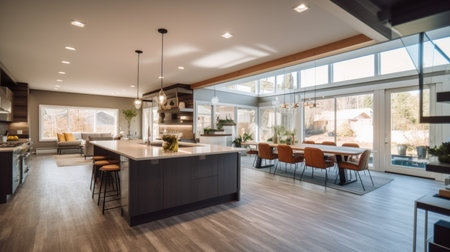 Light wooden floor kitchen interior with dining table and cooking space near window. Generative AI AIG27.の素材