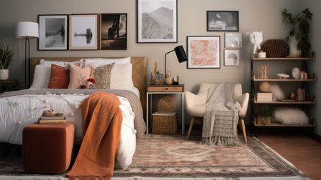 Bedroom decor, home interior design . Modern Bohemian style with Gallery Wall decorated with Concrete and Textiles material . Generative AI AIG26.の素材