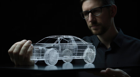 A man holding an animated model of an automobile in the style of holographic. Generative AI AIG21.の素材