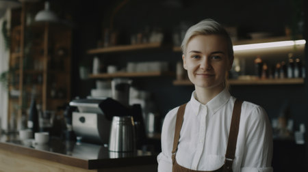 Smiling Caucasian female barista wearing apron standing in coffee shop looking at camera. Generative AI AIG21.の素材