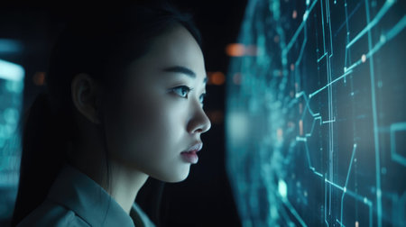 Young Asian woman with wonder, curiosity, looking at holographic digital display, futuristic technology, innovation. Generative AI AIG20.の素材