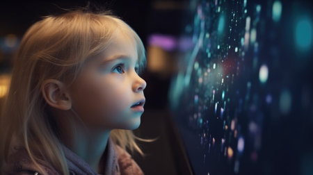 The little blonde girl wondering at holographic and futuristic technology with sharpened and grainy detail. Generative AI AIG21.の素材