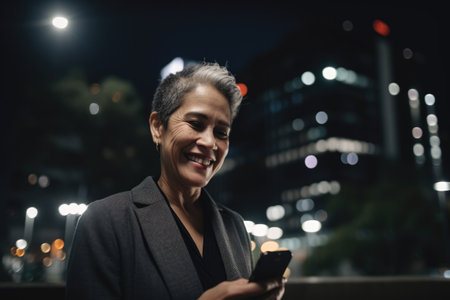 Wide angle shot of a senior mexican hispanic businesswoman executive using mobile phone with background of modern office buildings at night. Generative AI AIG18.の素材