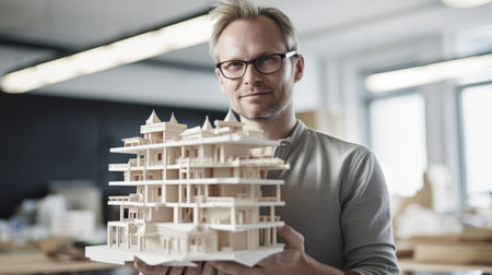 A male architect holding building model in office. Generative AI AIG21.の素材