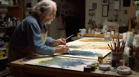 An artist working in studio with watercolor painting. Generative AI AIG21.の素材