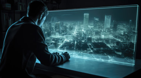 A man looking at blue hologram screen showing the city plan with the light teal and light black. Generative AI AIG21.の素材