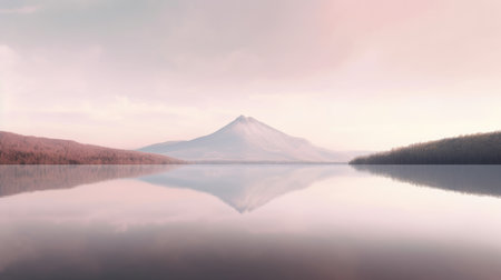 Beautiful mountain lake and natural environment in the morning background. Tranquil pink pastel sunset light in panoramic mountainous and nature lake shore scenery. Picturesque generative AIの素材