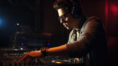DJ Male Hispanic Young Adult Mixing and playing music for a live event in Nightclub. Generative AI AIG22.の素材