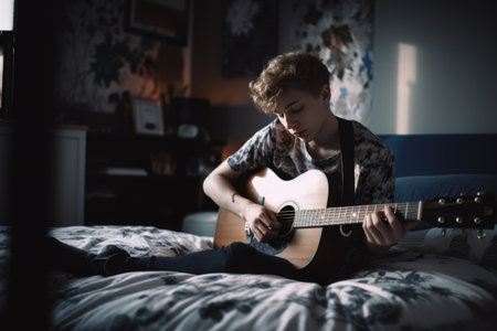 Male Caucasian teenager playing guitar in bedroom activity music. Generative AI AIG23.の素材