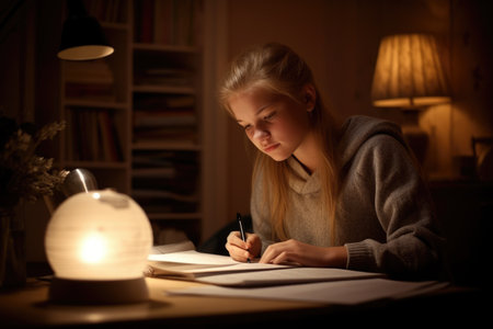 Female Caucasian teenager doing homework in study room studying smart. Generative AI AIG23.の素材