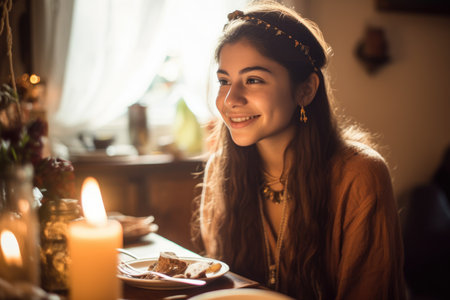 Female Hispanic teenager socializing dining room light conversation. Generative AI AIG23.の素材