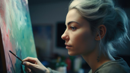 Artist Female Caucasian Young painting the canvas. Generative AI AIG22.の素材