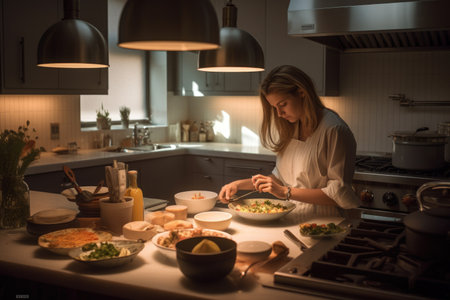 Female Caucasian American young adult cooking a meal in kitchen. Generative AI AIG23.の素材