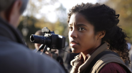 Journalist Female African-American Young adult Interviewing someone in the field in Outdoors. Generative AI AIG22.の素材