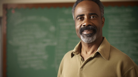 Teacher Male African-American Middle-aged Standing in front of a classroom with a chalkboard in Indoor classroom. Generative AI AIG22.の素材