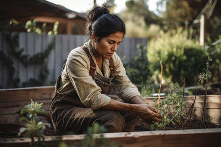 Female Hispanic middle aged gardening in backyard plants. Generative AI AIG23.の素材