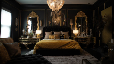 Bedroom decor, home interior design . Art Deco Glam style with Ornate Chandelier decorated with Brass and Velvet material . Generative AI AIG26.の素材